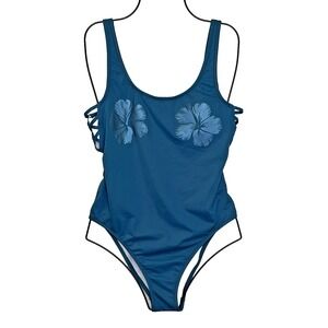 PINK Victoria's Secret One Piece Swimsuit Size Medium Teal Hibiscus Cut Out Side